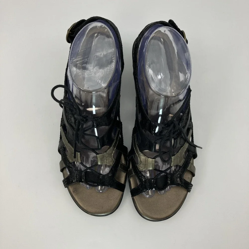 Aravon Sandals Women 8.5 B Gladiator Black Metallic Lace Up Shoes Comfort Resort